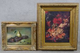 N. Riegen (20th century) still life of a pear and blackberries, oil on canvas, signed and framed,