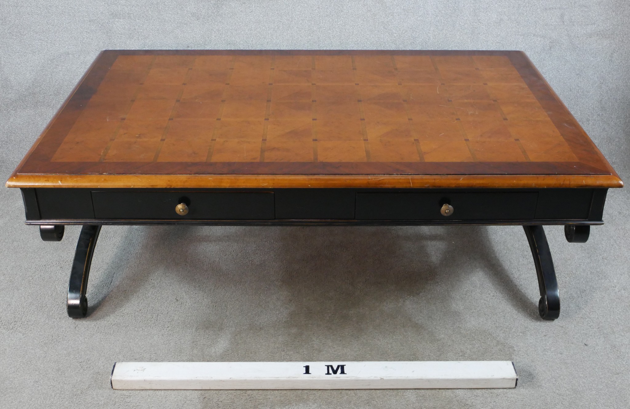 A contemporary marquetry effect topped and four drawer lounge table with brass knob handles, - Image 7 of 8