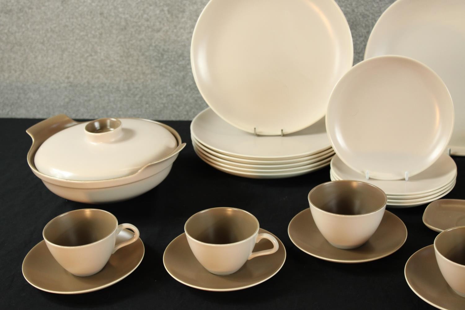 A 20th century Poole pottery brown twin tone six person part dinner set, marks verso. (39 pieces) - Image 2 of 5