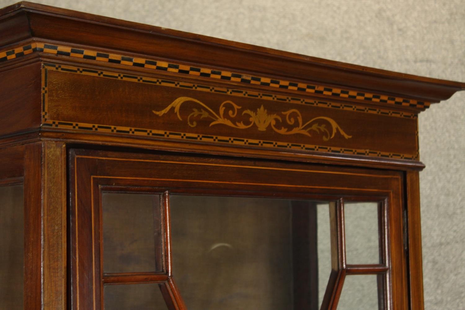 An Edwardian inlaid mahogany single door display cabinet, standing on single smaller single door - Image 7 of 8