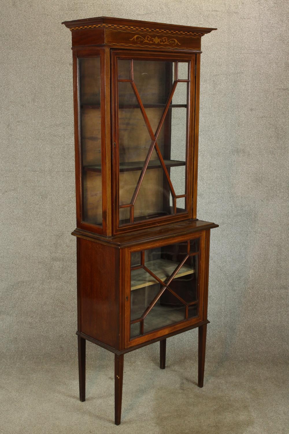 An Edwardian inlaid mahogany single door display cabinet, standing on single smaller single door - Image 5 of 8