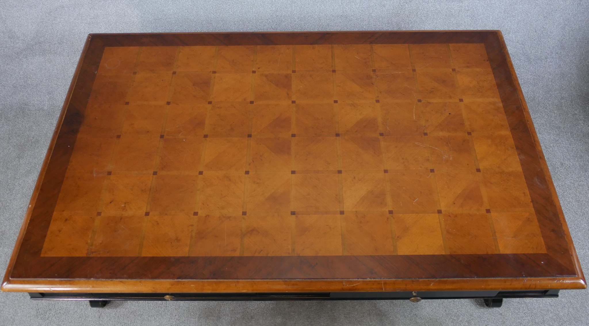 A contemporary marquetry effect topped and four drawer lounge table with brass knob handles, - Image 3 of 8