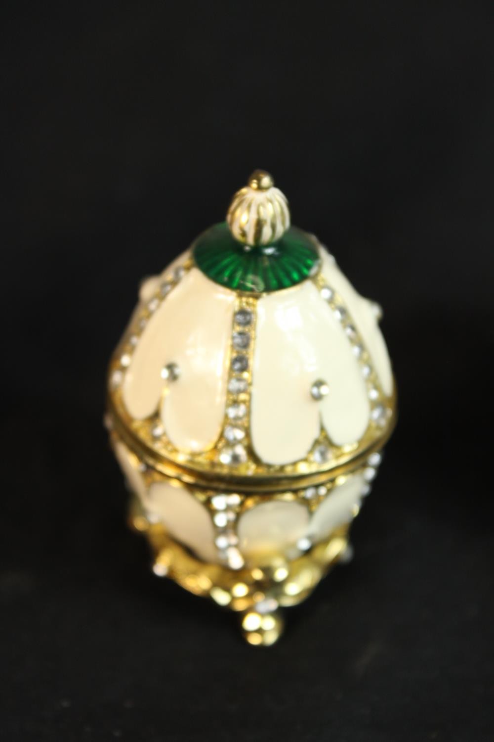 Two 20th century gilt and enamel egg ornaments, together with a small glass globular scent bottle - Image 6 of 10