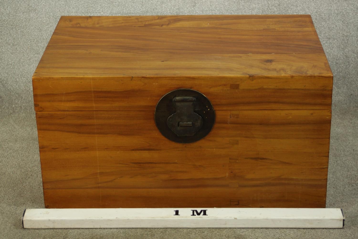 An early 20th century Chinese camphor wood twin handled box, with brass locking plate. H.46 W.91 D. - Image 2 of 6