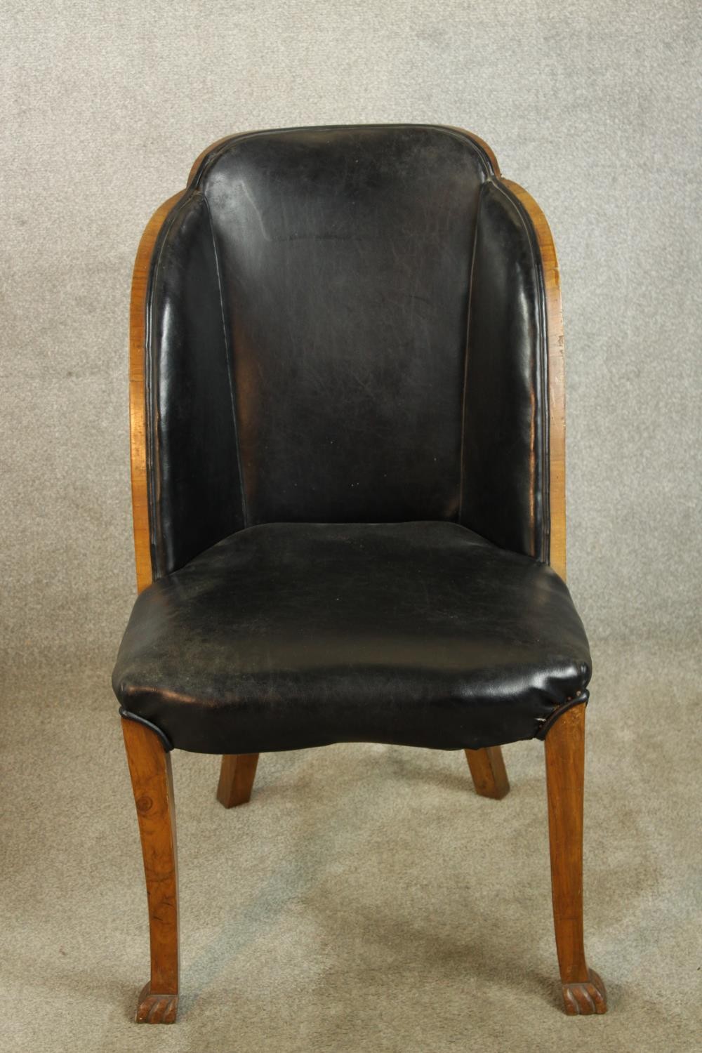 A pair of walnut and black leather Art Deco style chairs raised on tapering supports terminating - Image 2 of 9