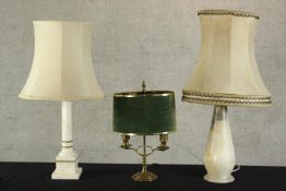 Three assorted table lamps comprised of a 20th century brass twin branch student lamp, an early 20th