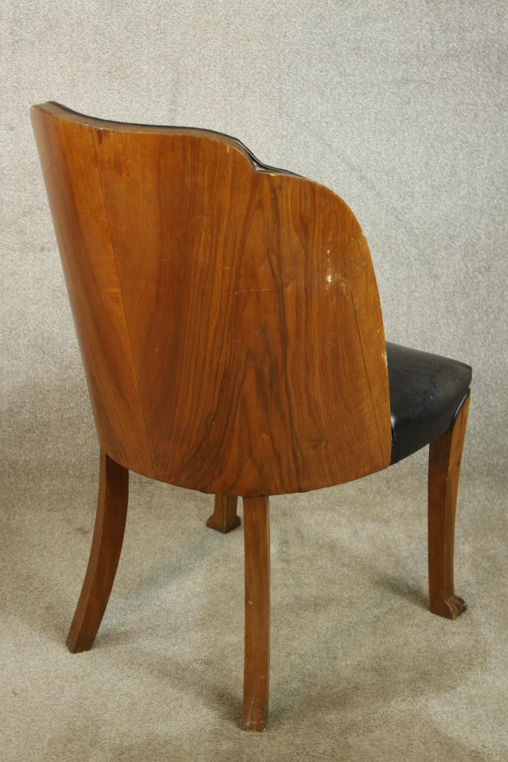 A pair of walnut and black leather Art Deco style chairs raised on tapering supports terminating - Image 6 of 9