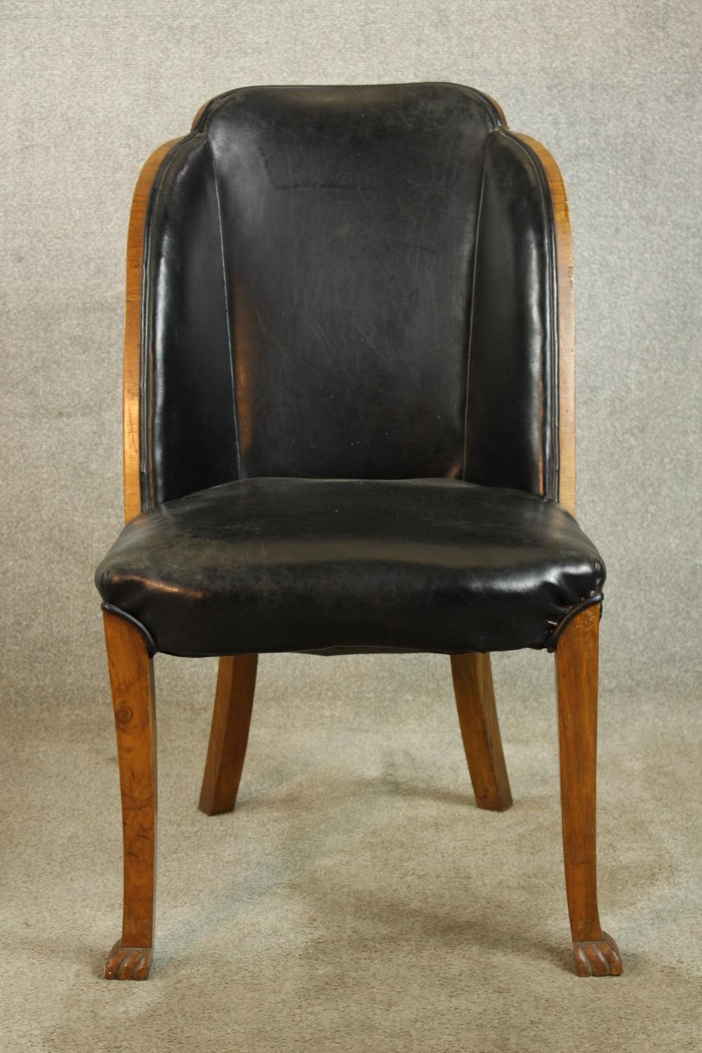 A pair of walnut and black leather Art Deco style chairs raised on tapering supports terminating - Image 3 of 9