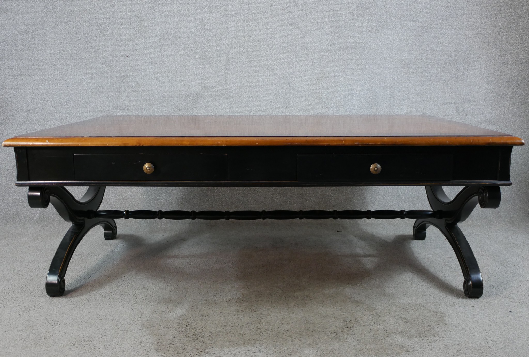 A contemporary marquetry effect topped and four drawer lounge table with brass knob handles, - Image 2 of 8