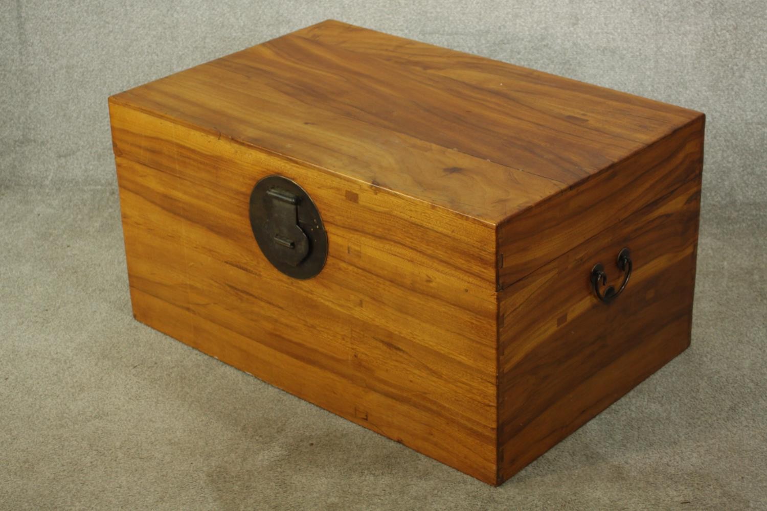 An early 20th century Chinese camphor wood twin handled box, with brass locking plate. H.46 W.91 D. - Image 3 of 6