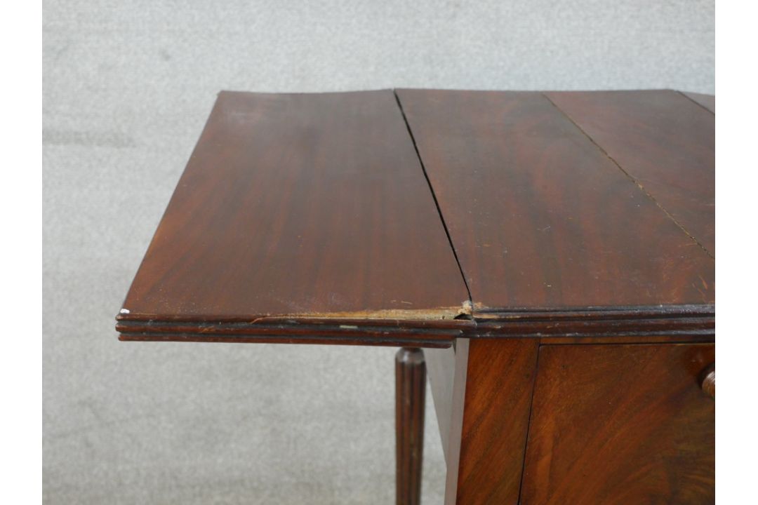 A 19th century mahogany drop leaf sewing table, with twin drawers to one end, raised on turned - Image 5 of 6
