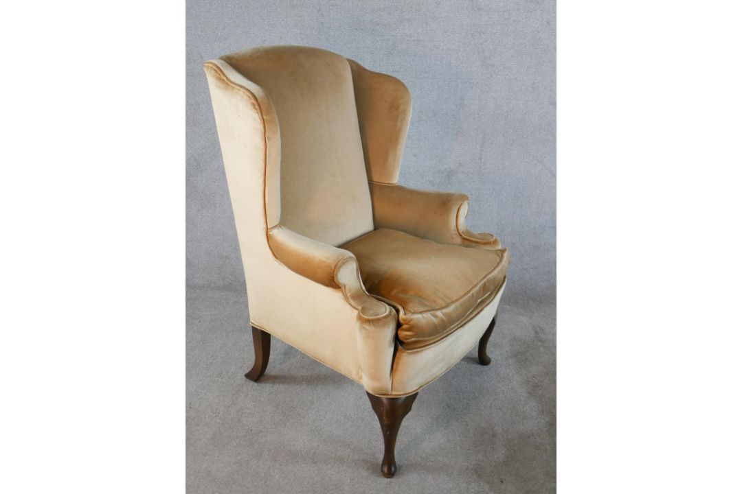 A 19th century mahogany framed chair, upholstered in brown Dralon fabric, raised on cabriole - Image 4 of 4