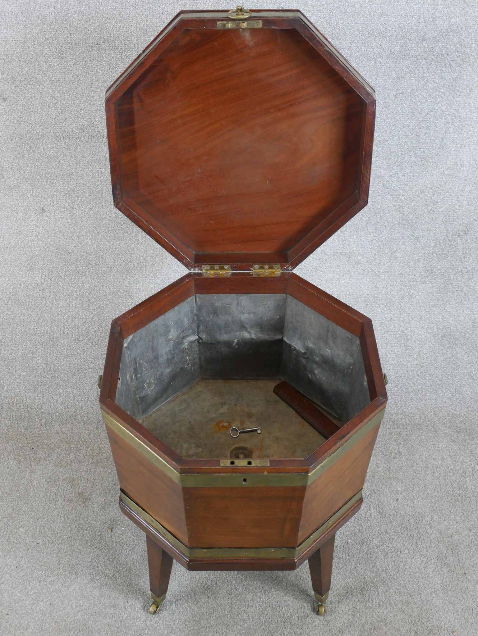 A George III mahogany and brass mounted octagonal wine cooler, raised on tapering supports - Image 2 of 5