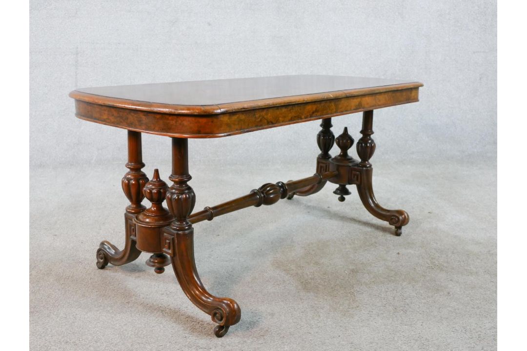 A 19th century walnut veneered centre table raised on two turned columns raised on outswept supports - Image 4 of 4
