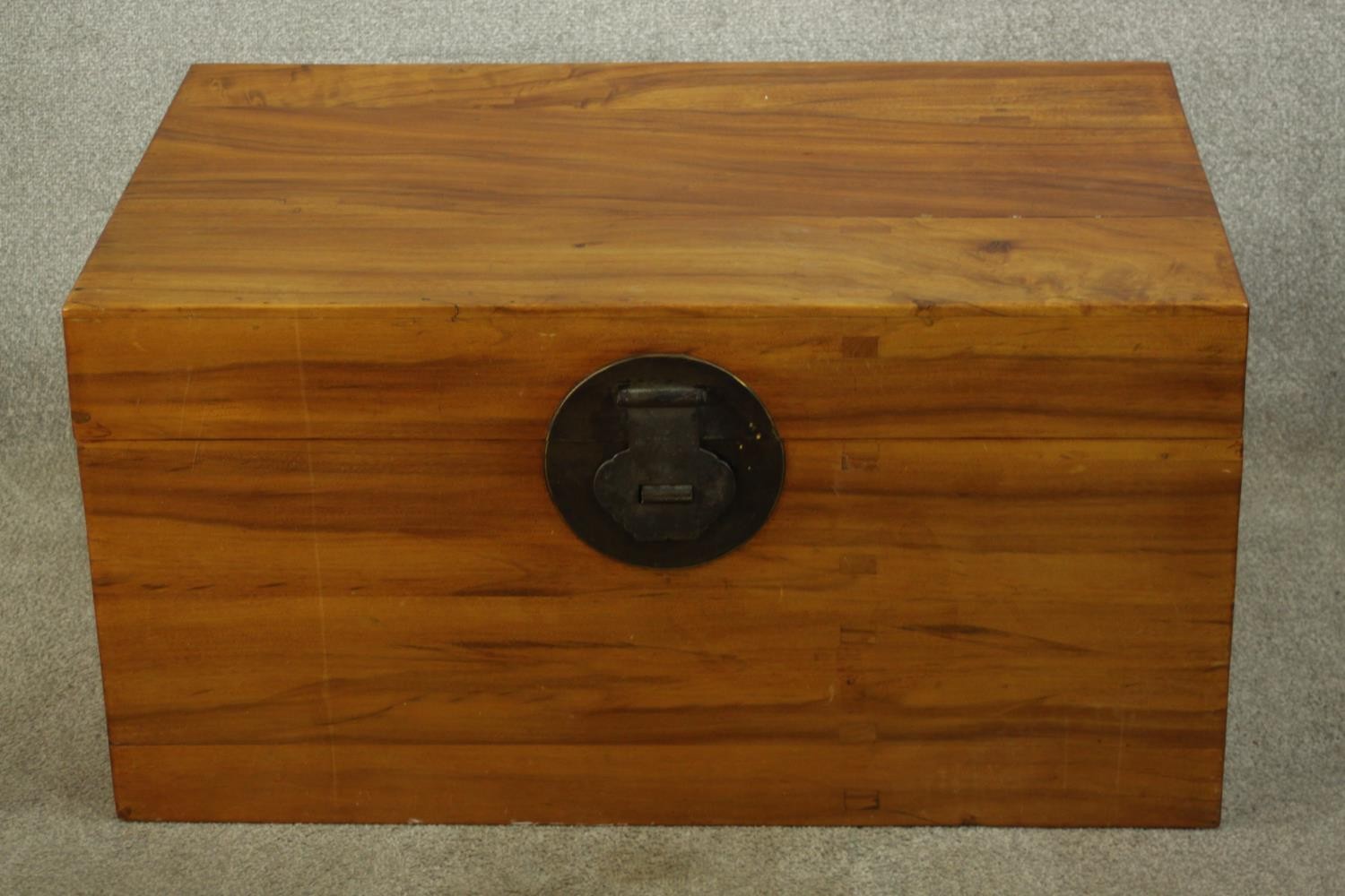 An early 20th century Chinese camphor wood twin handled box, with brass locking plate. H.46 W.91 D.