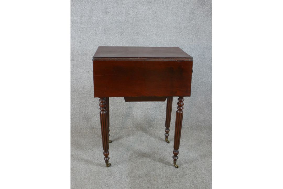 A 19th century mahogany drop leaf sewing table, with twin drawers to one end, raised on turned - Image 2 of 6