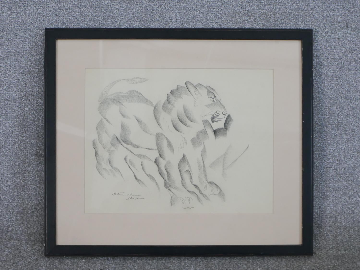 Stanislaus Brien (Polish), graphic artist and book illustrator, Lion, charcoal, signed lower left. - Image 2 of 4