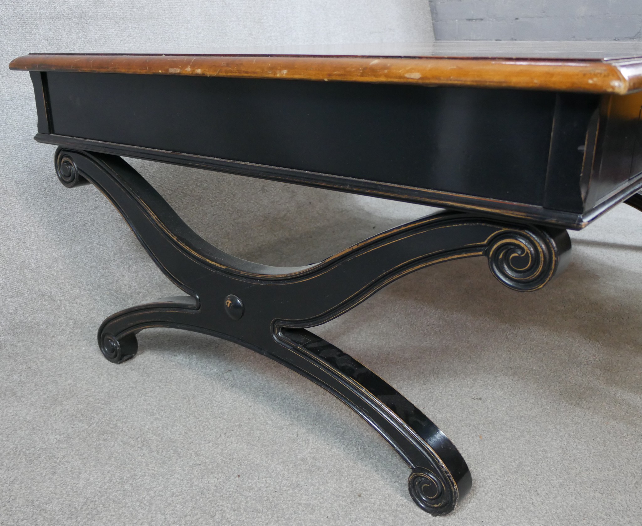 A contemporary marquetry effect topped and four drawer lounge table with brass knob handles, - Image 6 of 8