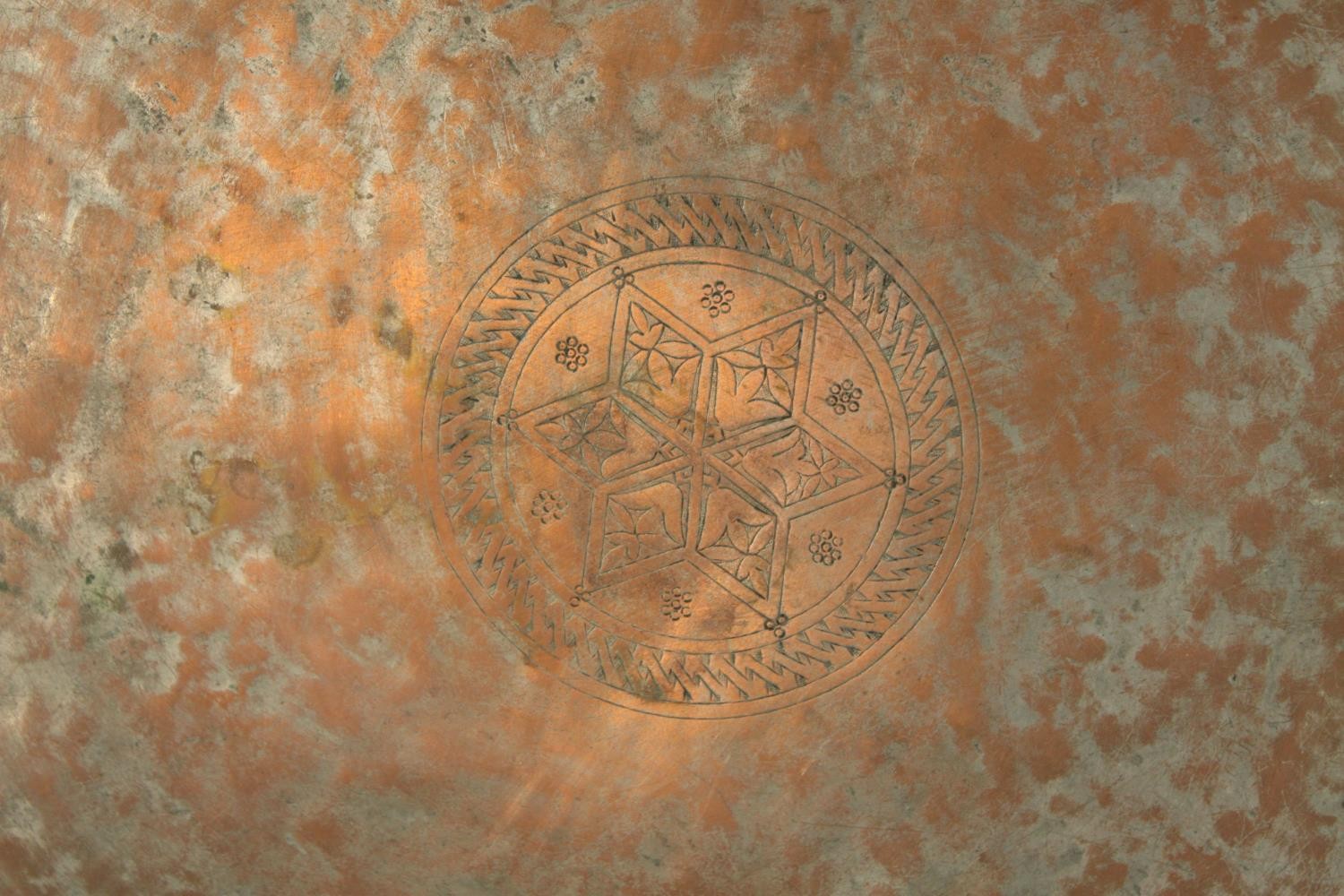 A late 19th/early 20th century engraved circular copper tray. Dia.65cm. - Image 3 of 5