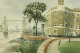 Ronald Maddox (b.1930) River View, Wapping Pierhead, watercolour on paper, signed and framed. H.40