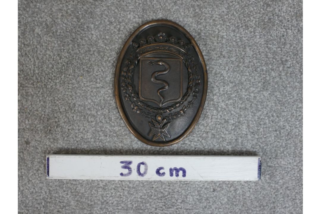 A 19th century cast bronze oval heraldic wall hanging plaque depicting a serpent in a shield under a - Image 3 of 3