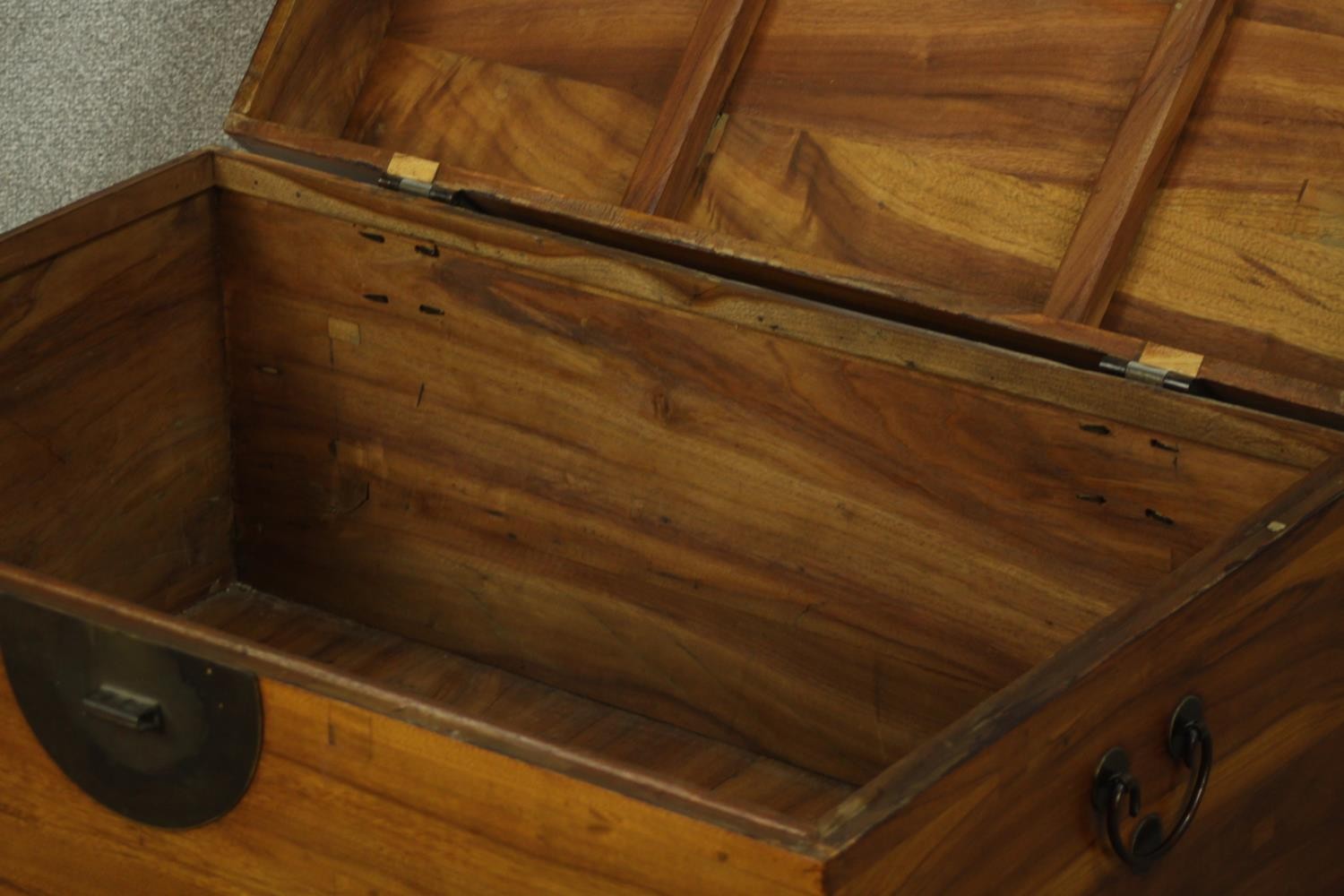 An early 20th century Chinese camphor wood twin handled box, with brass locking plate. H.46 W.91 D. - Image 5 of 6