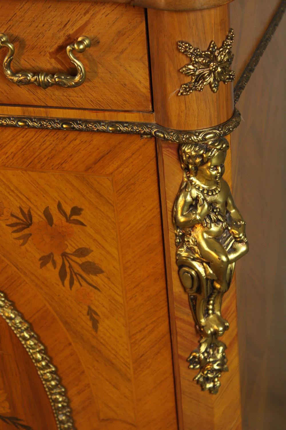 An 20th century French inlaid single door cabinet raised on shaped bracket feet, applied - Image 6 of 9