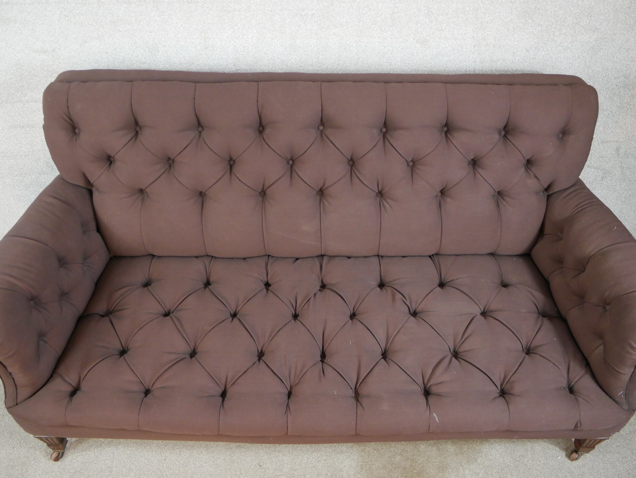 A late 19th century mahogany framed button upholstered scroll arm settee, raised on square - Image 3 of 5