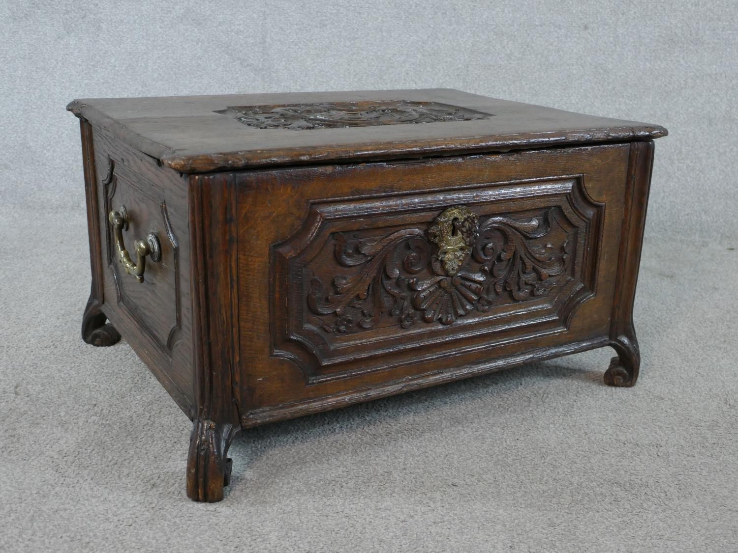 A late 18th/early 19th century carved oak twin handled rectangular box, possible bible box, raised - Image 7 of 7