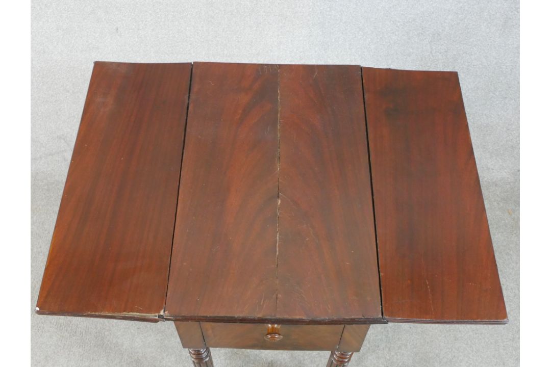 A 19th century mahogany drop leaf sewing table, with twin drawers to one end, raised on turned - Image 4 of 6