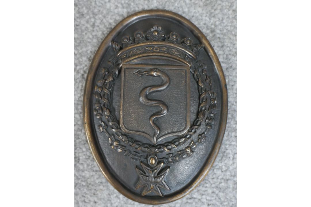 A 19th century cast bronze oval heraldic wall hanging plaque depicting a serpent in a shield under a - Image 1 of 3