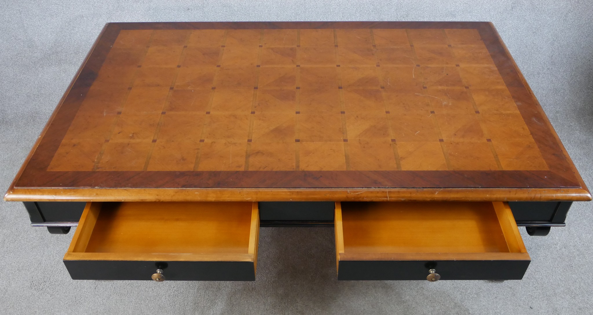 A contemporary marquetry effect topped and four drawer lounge table with brass knob handles, - Image 4 of 8