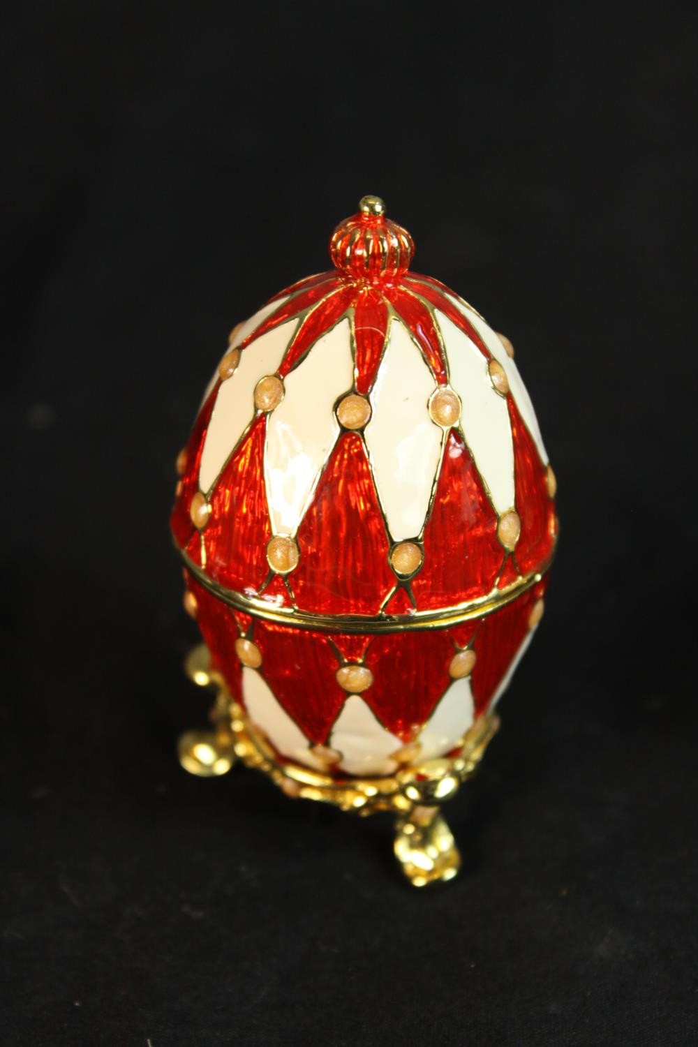 Two 20th century gilt and enamel egg ornaments, together with a small glass globular scent bottle - Image 5 of 10