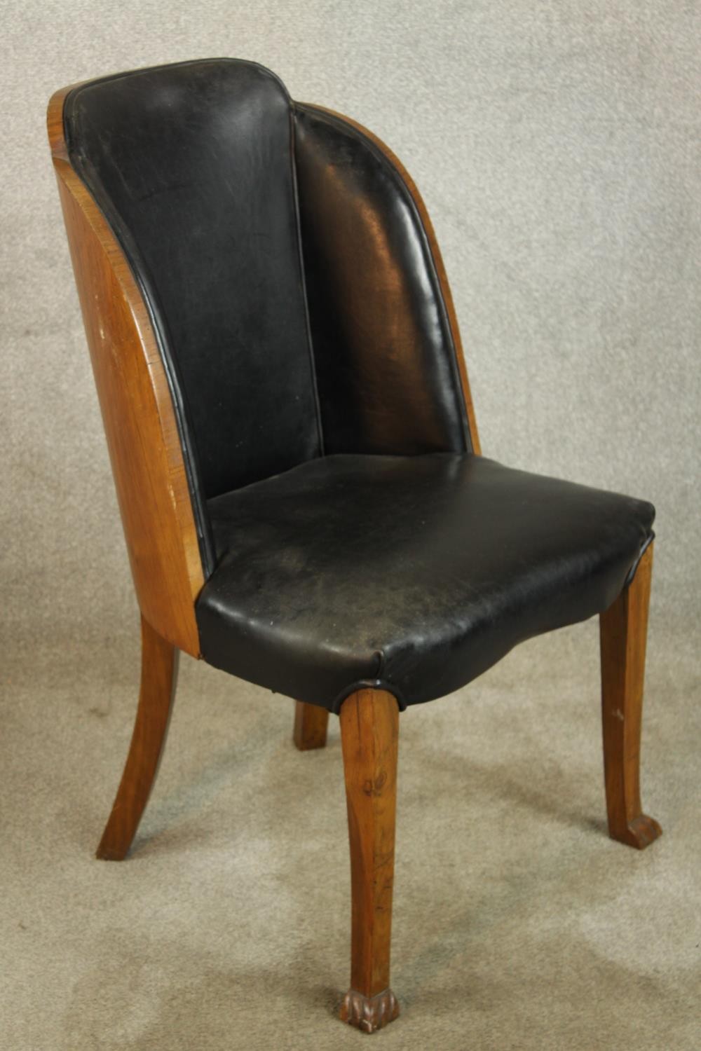 A pair of walnut and black leather Art Deco style chairs raised on tapering supports terminating - Image 4 of 9