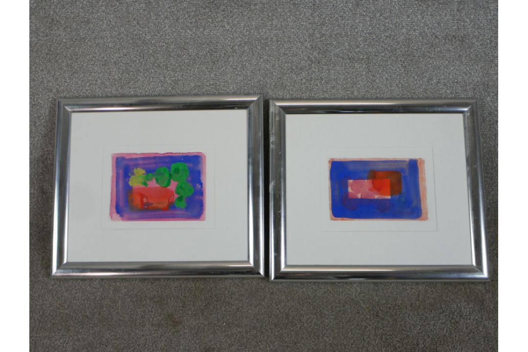 A 20th century, abstracts, two watercolours on papers, unsigned and framed. H.37 W.43cm - Image 1 of 6