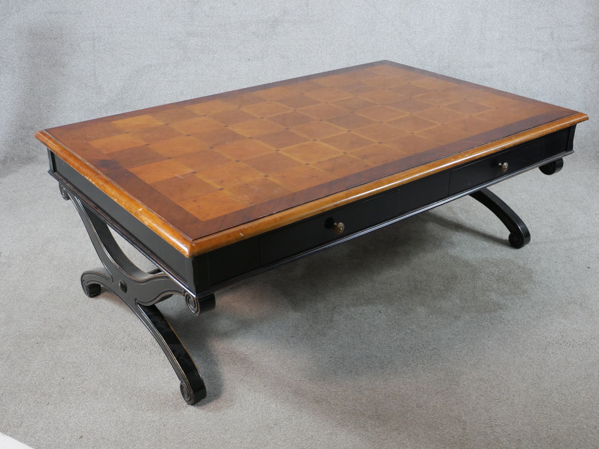 A contemporary marquetry effect topped and four drawer lounge table with brass knob handles, - Image 8 of 8