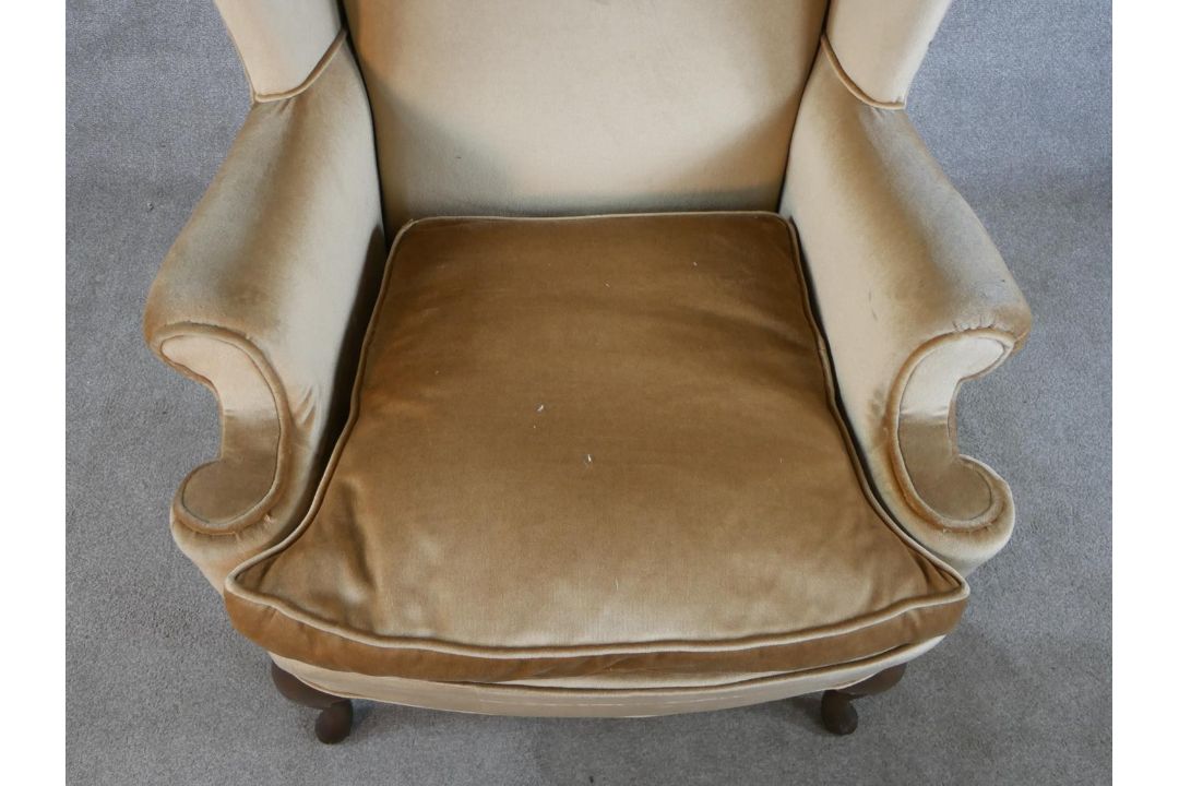 A 19th century mahogany framed chair, upholstered in brown Dralon fabric, raised on cabriole - Image 2 of 4
