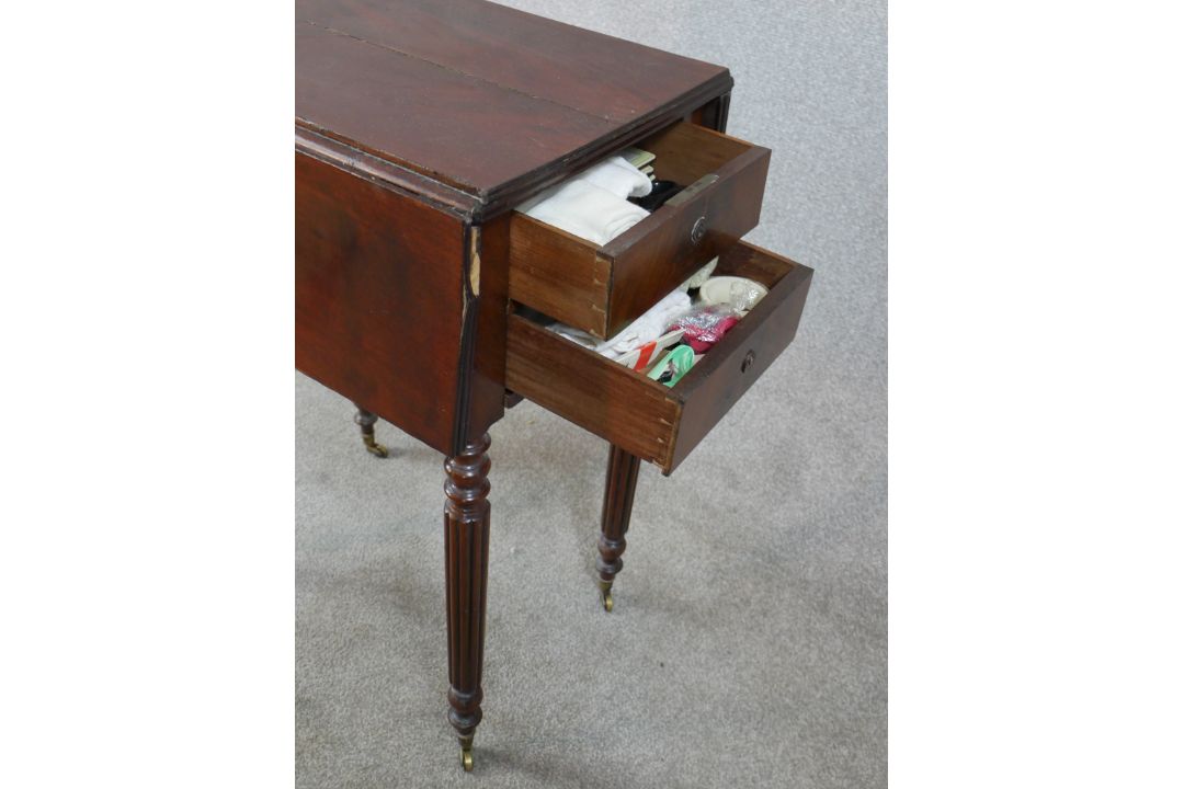 A 19th century mahogany drop leaf sewing table, with twin drawers to one end, raised on turned - Image 3 of 6