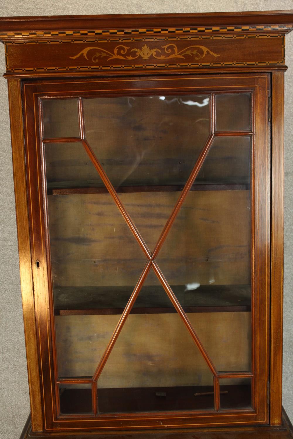 An Edwardian inlaid mahogany single door display cabinet, standing on single smaller single door - Image 3 of 8