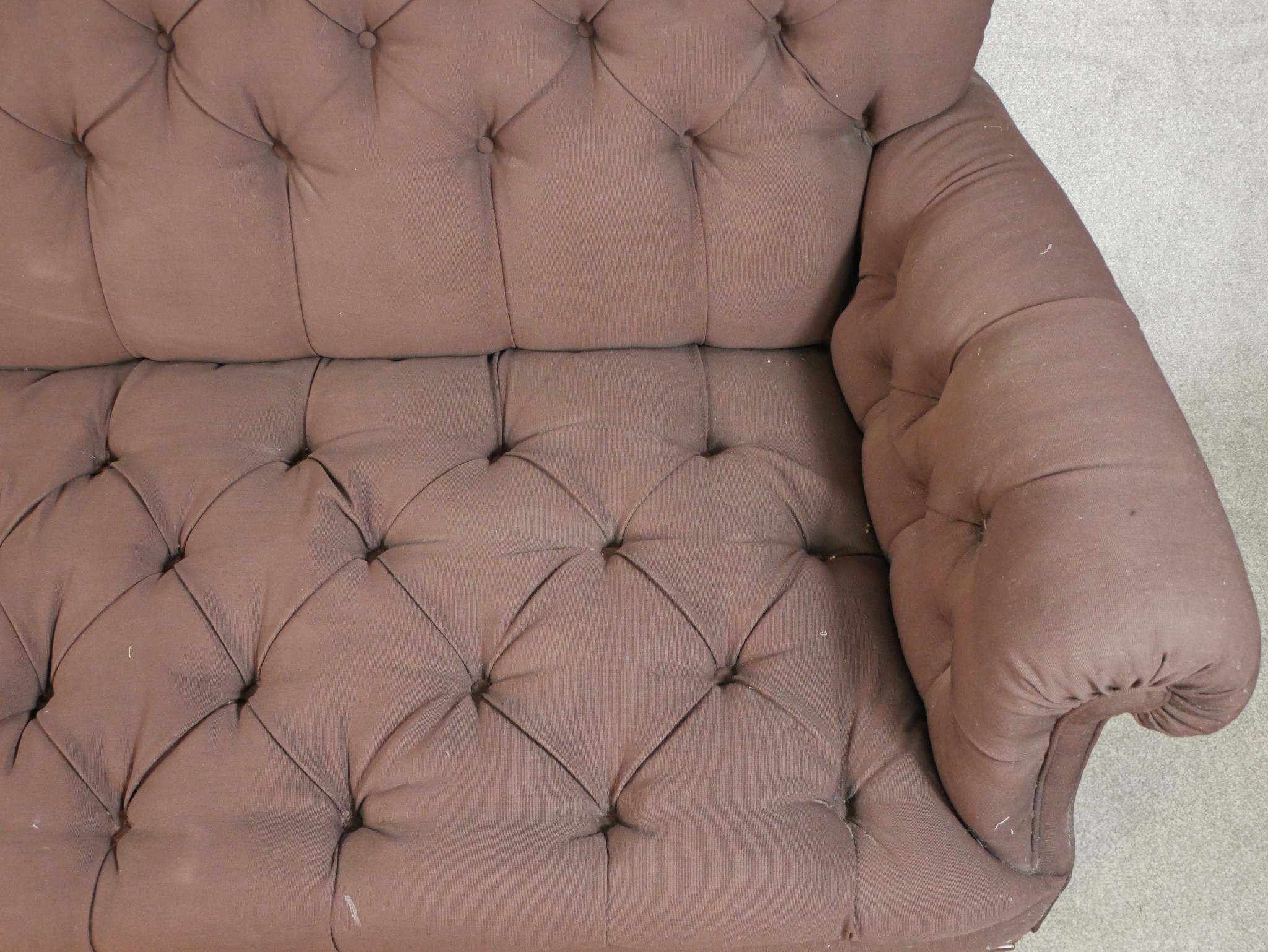 A late 19th century mahogany framed button upholstered scroll arm settee, raised on square - Image 2 of 5