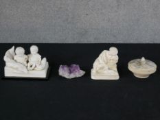 Two 20th century bisque porcelain figures, together with a marble lidded jar and cover and uncut