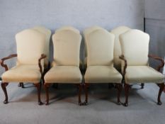 A set of eight mahogany framed dining chairs to include single chairs and two open arm carvers