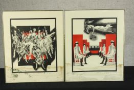 A 20th century Russian school, two pencil signed propaganda posters, unframed. (water damaged). H.60