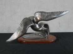 An Art Deco style pewter model model of a flying bird raised on oval mahogany oval plinth. H.32 W.60