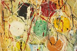 20th century, indistinctly signed, abstract mixed media on canvas, unframed, signed and label verso.