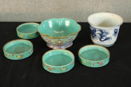 A Chinese porcelain stacking sectional dish together with a similarly decorated lobed bowl and a