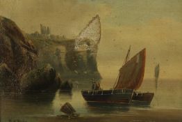 Edward King Redmore (1860-1941, British), boat on the North Sea with Whitby Abbey, oil on canvas,
