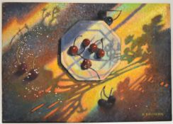 Dorothy Southern. Oil on board. Cherries in bowl, still life, signed. H.43.5 W.62cm
