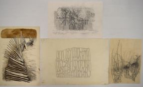 TREVOR FRANKLAND (British 1931-2011). Four pencil drawings. One coloured with watercolour. H.40 W.