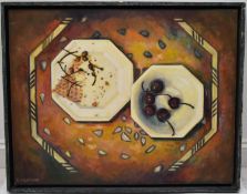 Dorothy Southern. Still life. Oil on board. A label on the back reads 'Invited by Alfred Daniels'.